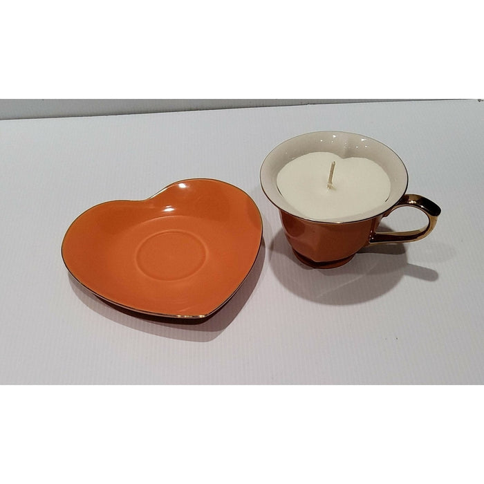 Teacup Candle - Candle in a Teacup - Heart Soy Candle- Orange/Rust/Gold - Peony & Lilac Fragrance - AMD Touring